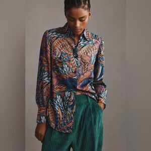 NWT BANJANAN Cora Botanical Print Long Sleeve Button Down Shirt in Clay size M